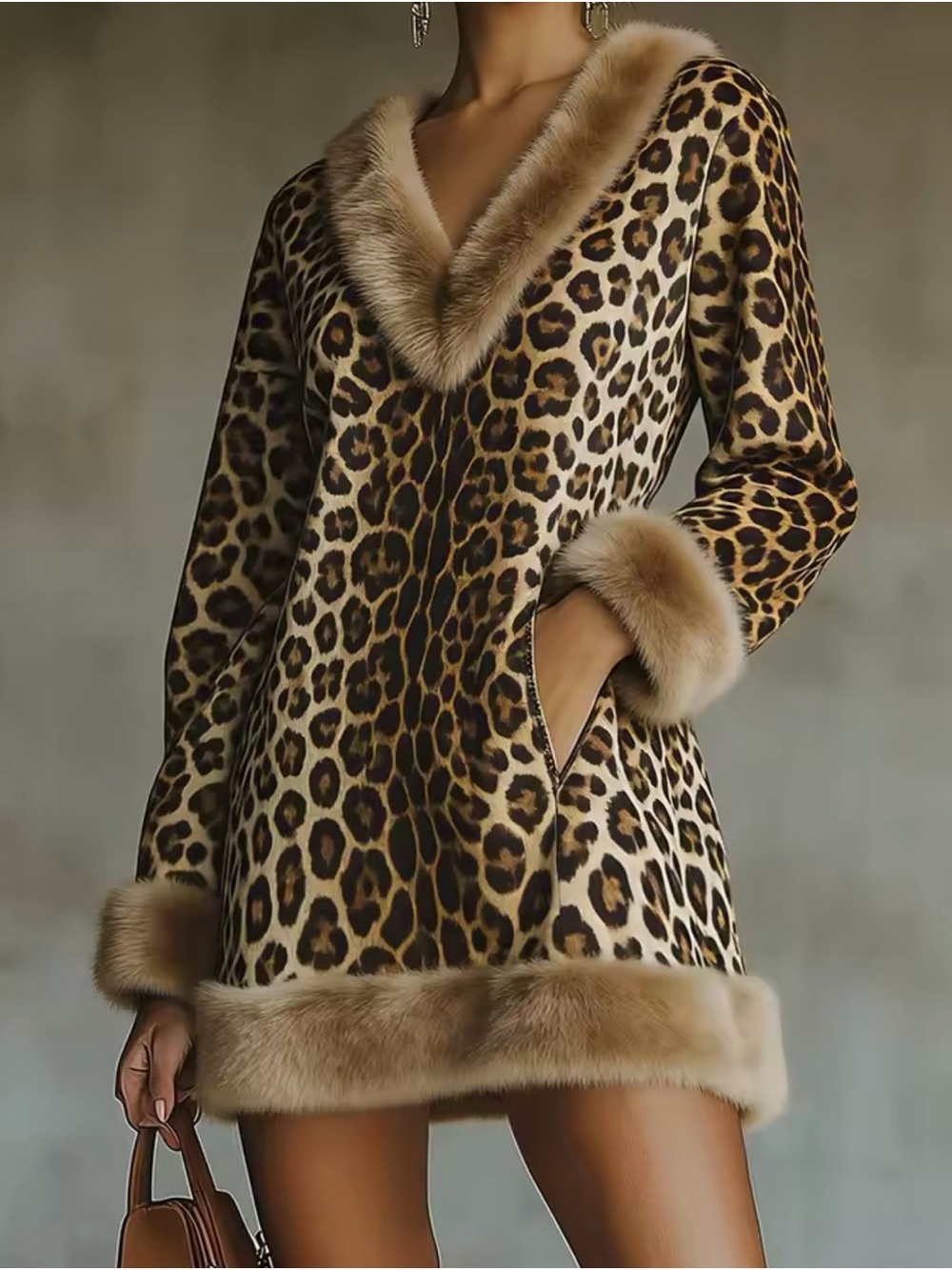 Leopard Print Faux-Fur Trim V-Neck Robe Tunic - Brown